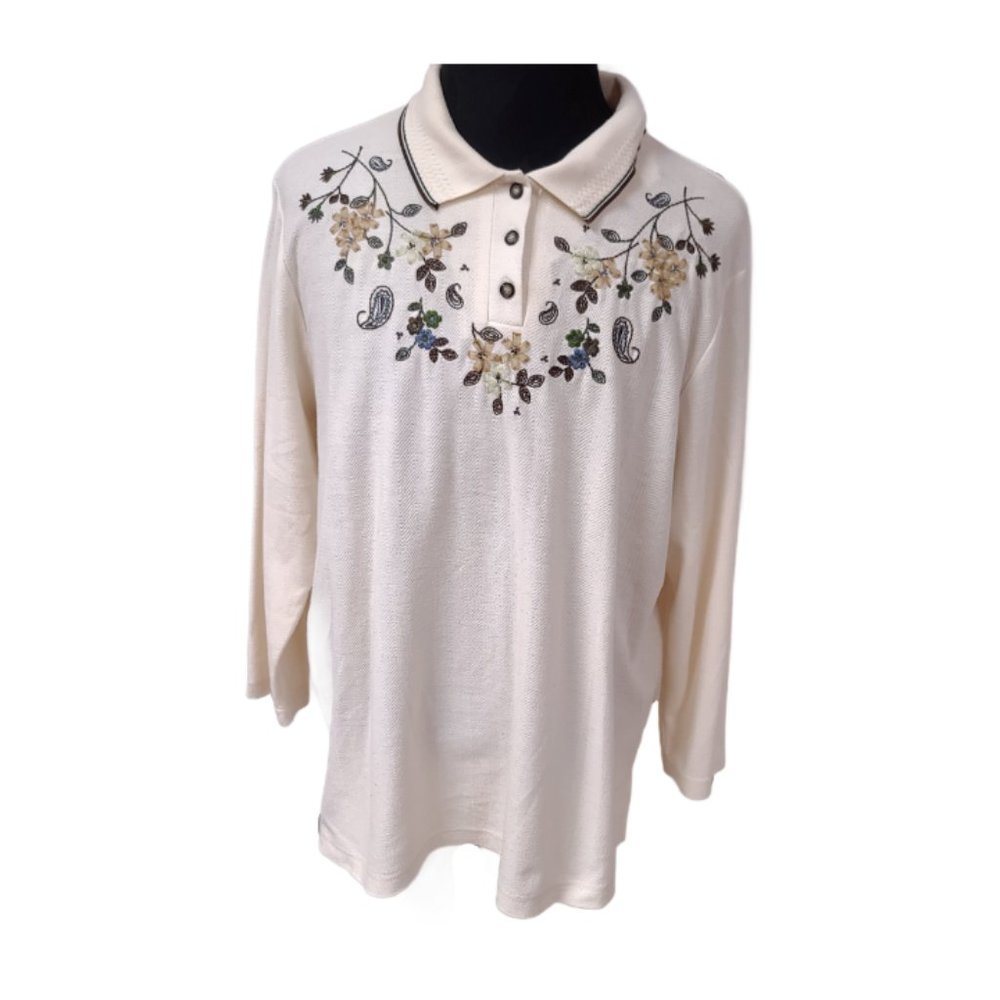 Teddi Womens 2X Ivory 3 Button Floral Paisley Long Sleeve Embroidered Henley Top
